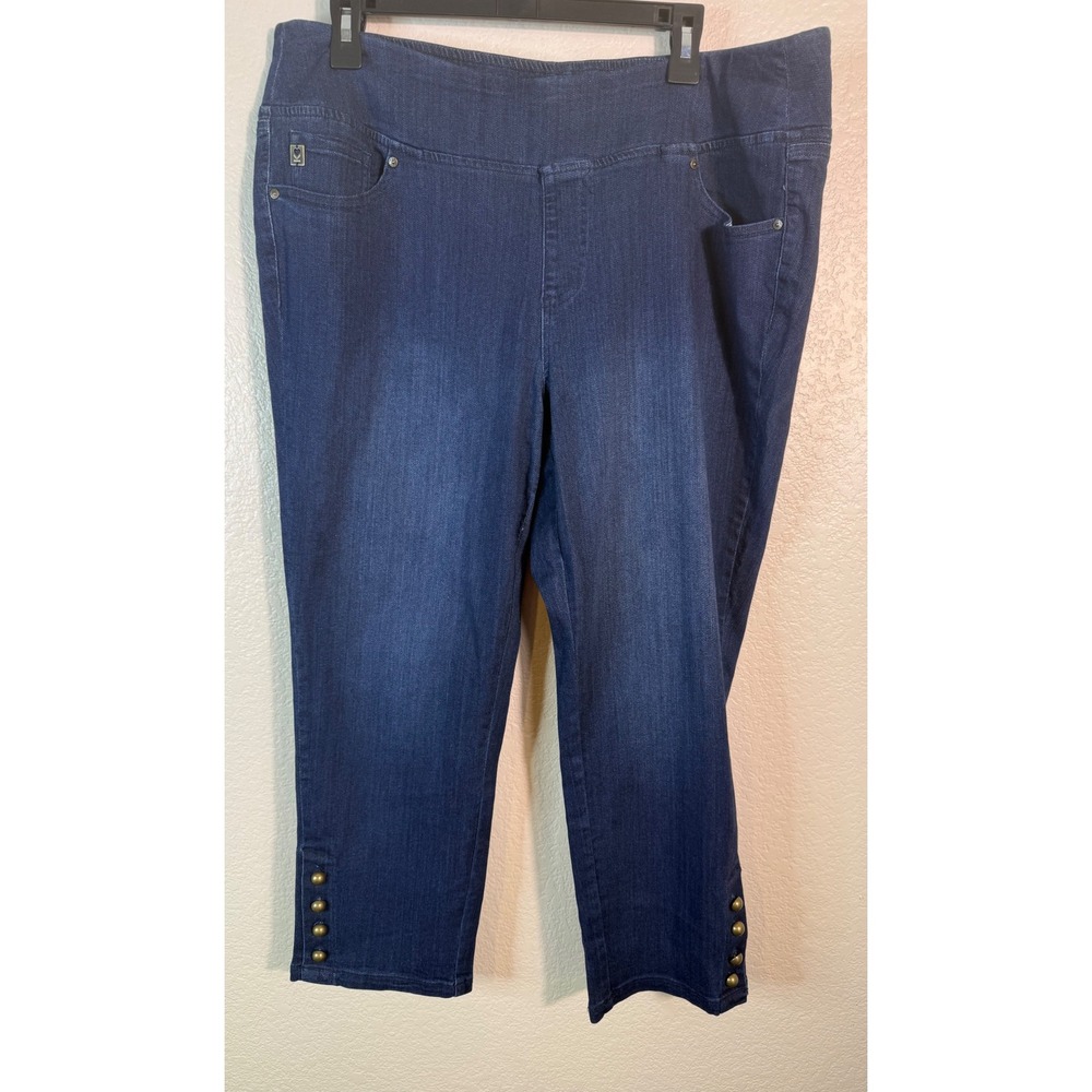 Belle Kim Gravel  20WP Capri Jeans Denim Gold Button Hem Stretch Pull On Cropped